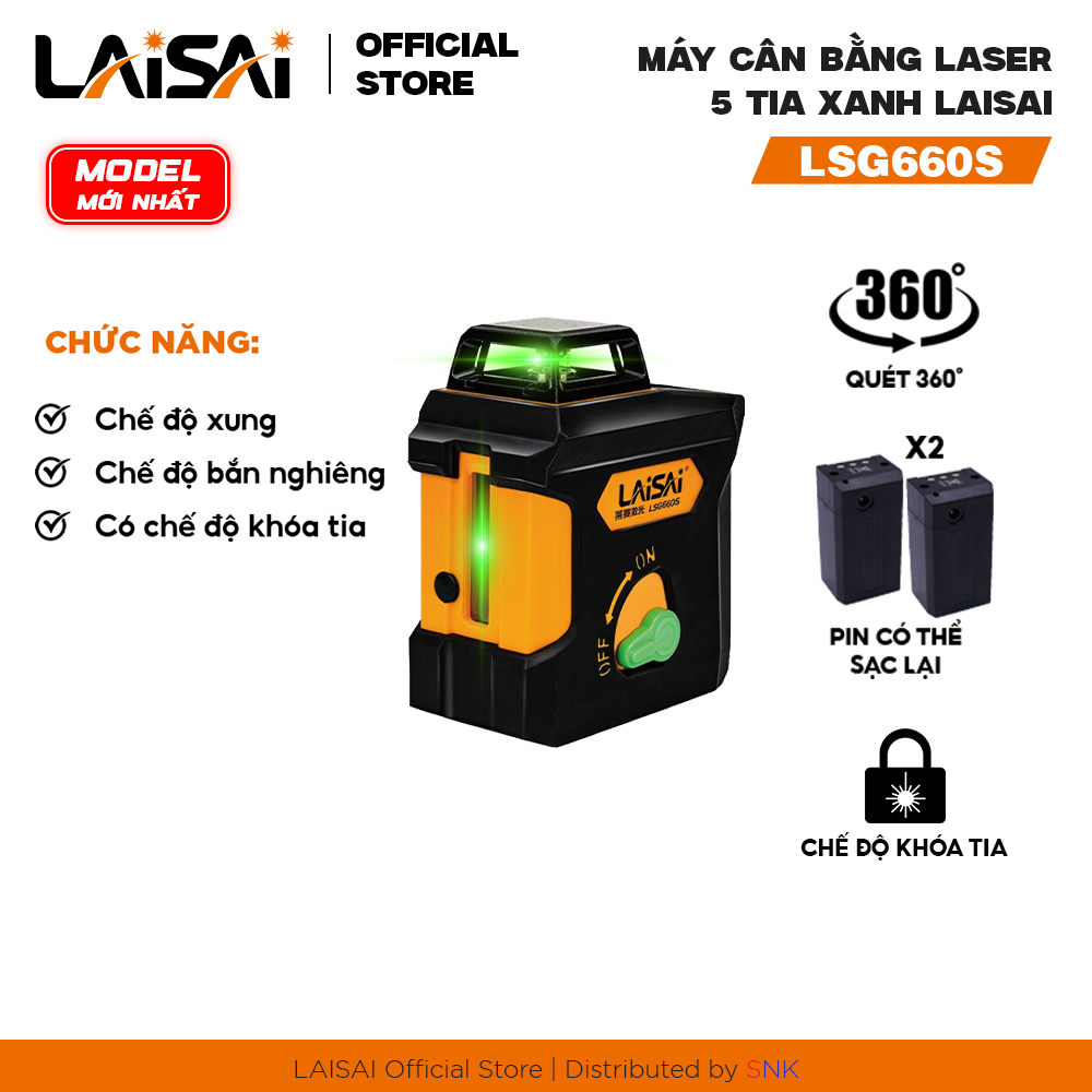 Máy Cân Bằng Laser 5 Tia Xanh Cao Cấp LAISAI LSG660S, pin 2200 mAh - Tia ngang 360°, CHÍNH HÃNG, BẢO HÀNH 12 THÁNG