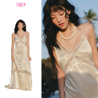 Đầm lụa OLV Cream Satin Lace Cami Maxi Dress phù hợp mùa hè đi chơi đi biển