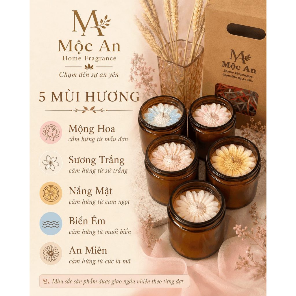 Nến thơm Mộc An Sắc Hoa Dịu Êm 200g | Nến handmade, hoa nổi, 5 mùi hương, màu ngẫu nhiên