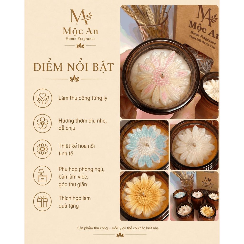 Nến thơm Mộc An Sắc Hoa Dịu Êm 200g | Nến handmade, hoa nổi, 5 mùi hương, màu ngẫu nhiên
