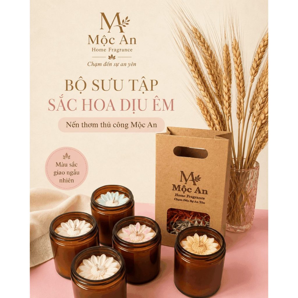 Nến thơm Mộc An Sắc Hoa Dịu Êm 200g | Nến handmade, hoa nổi, 5 mùi hương, màu ngẫu nhiên