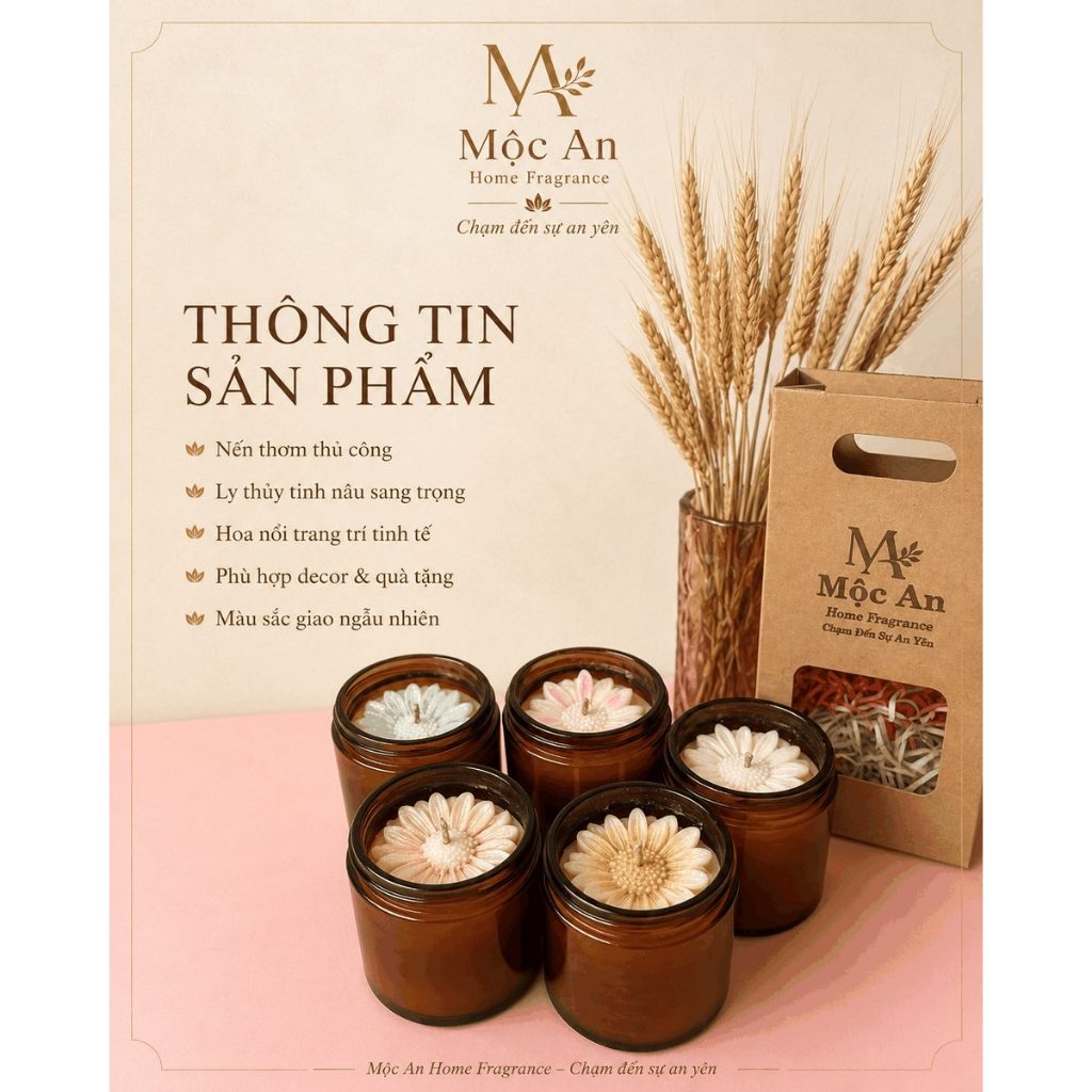 Nến thơm Mộc An Sắc Hoa Dịu Êm 200g | Nến handmade, hoa nổi, 5 mùi hương, màu ngẫu nhiên