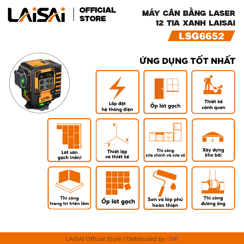 Máy Cân Bằng Laser 12 Tia Chuyên Nghiệp LAISAI LSG6652 – Thi Công Lát Gạch & Nội Thất, 2 pin, quét 360 độ, BH 12 tháng