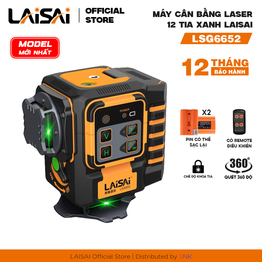 Máy Cân Bằng Laser 12 Tia Chuyên Nghiệp LAISAI LSG6652 – Thi Công Lát Gạch & Nội Thất, 2 pin, quét 360 độ, BH 12 tháng