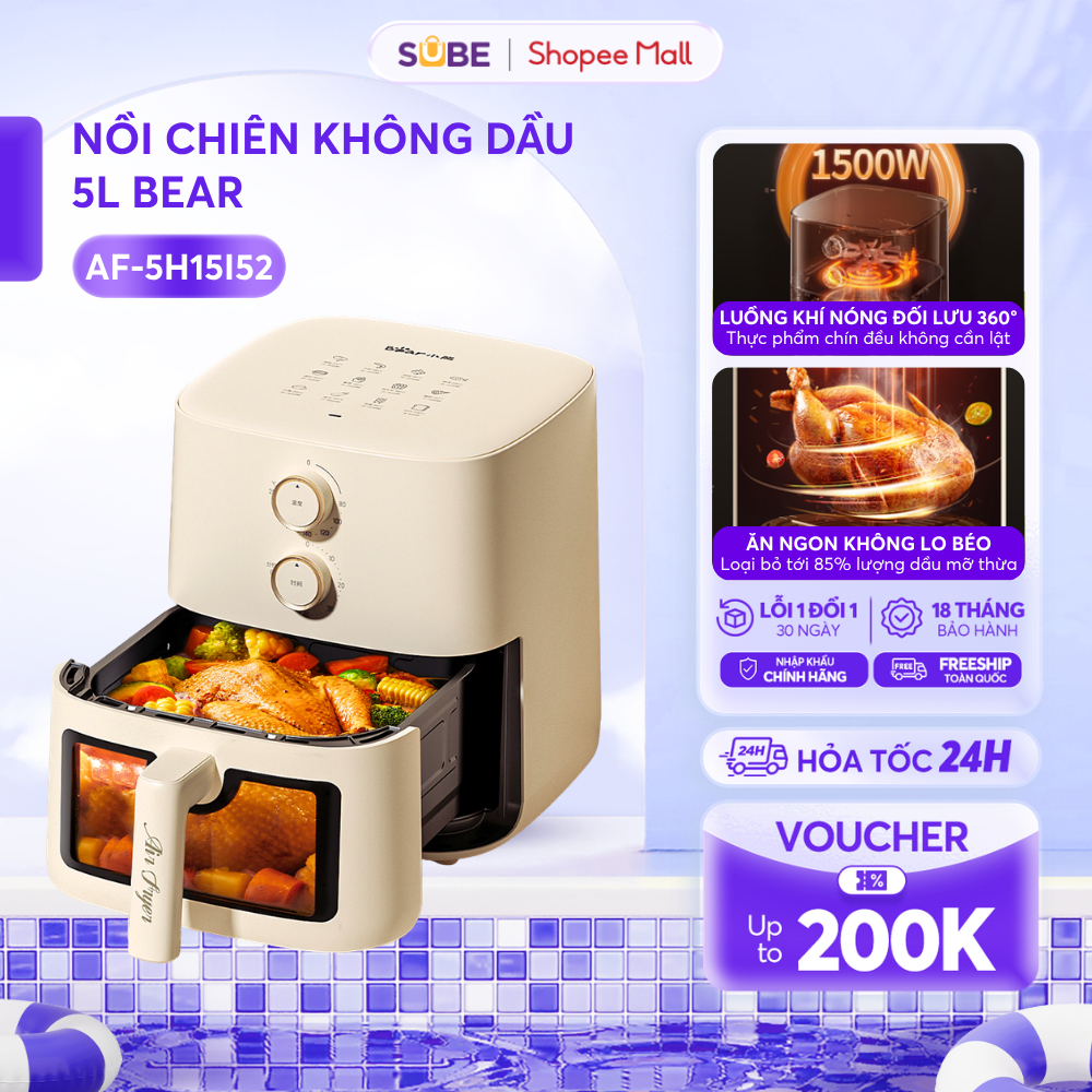 Nồi Chiên Không Dầu BEAR 5L, Lò Chiên Nồi Chiên Không Khí Đa Năng Không Cần Lật Cửa Kính Trong Suốt 1500W AF-5H15I52