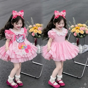 Váy Lolita Yếm Mèo Hồng Kèm Cài 3-19kg,Váy Cho Bé Gái Đầy Tháng Sinh Nhật Dự Tiệc