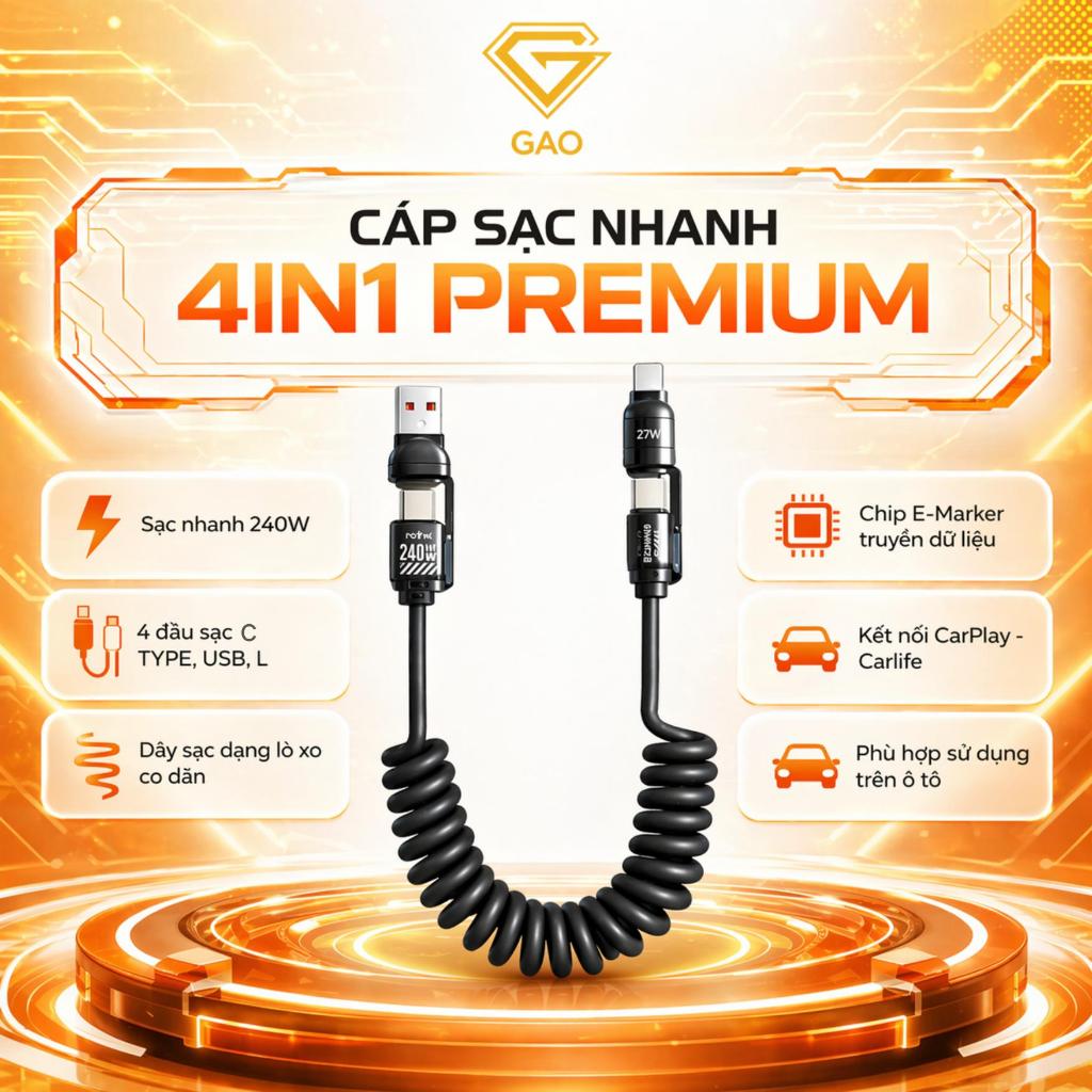 Cáp Sạc Ô Tô 4in1 Lò Xo 240W Kéo Dài 2m Hỗ trợ CarPlay Type C Lightning USB Sạc Nhanh Không Rối
