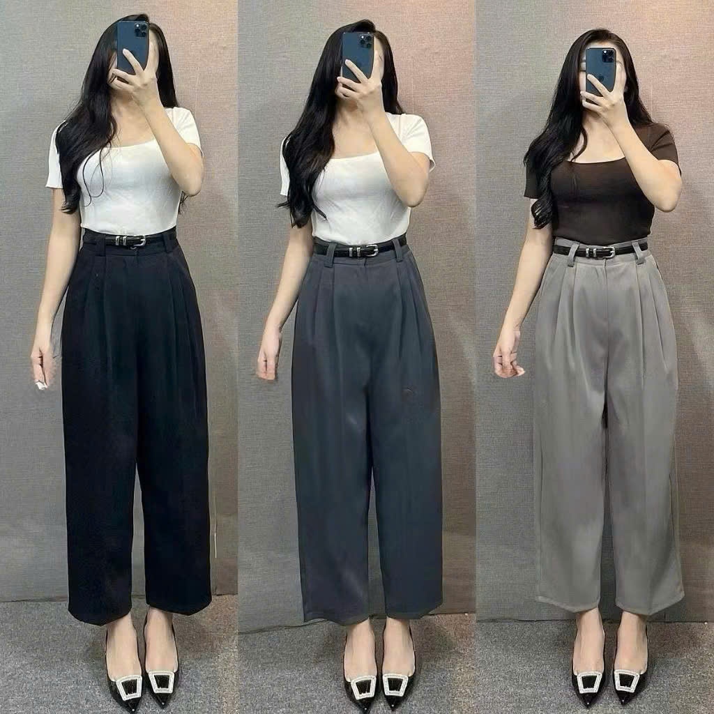 (Tặng Kèm Dây Lưng) Quần Baggy Nữ Lưng Cao (Chất Gold Nhật) Mềm Mịn - Dáng Thụng Dài Tôn Dáng Dễ Phối Đồ