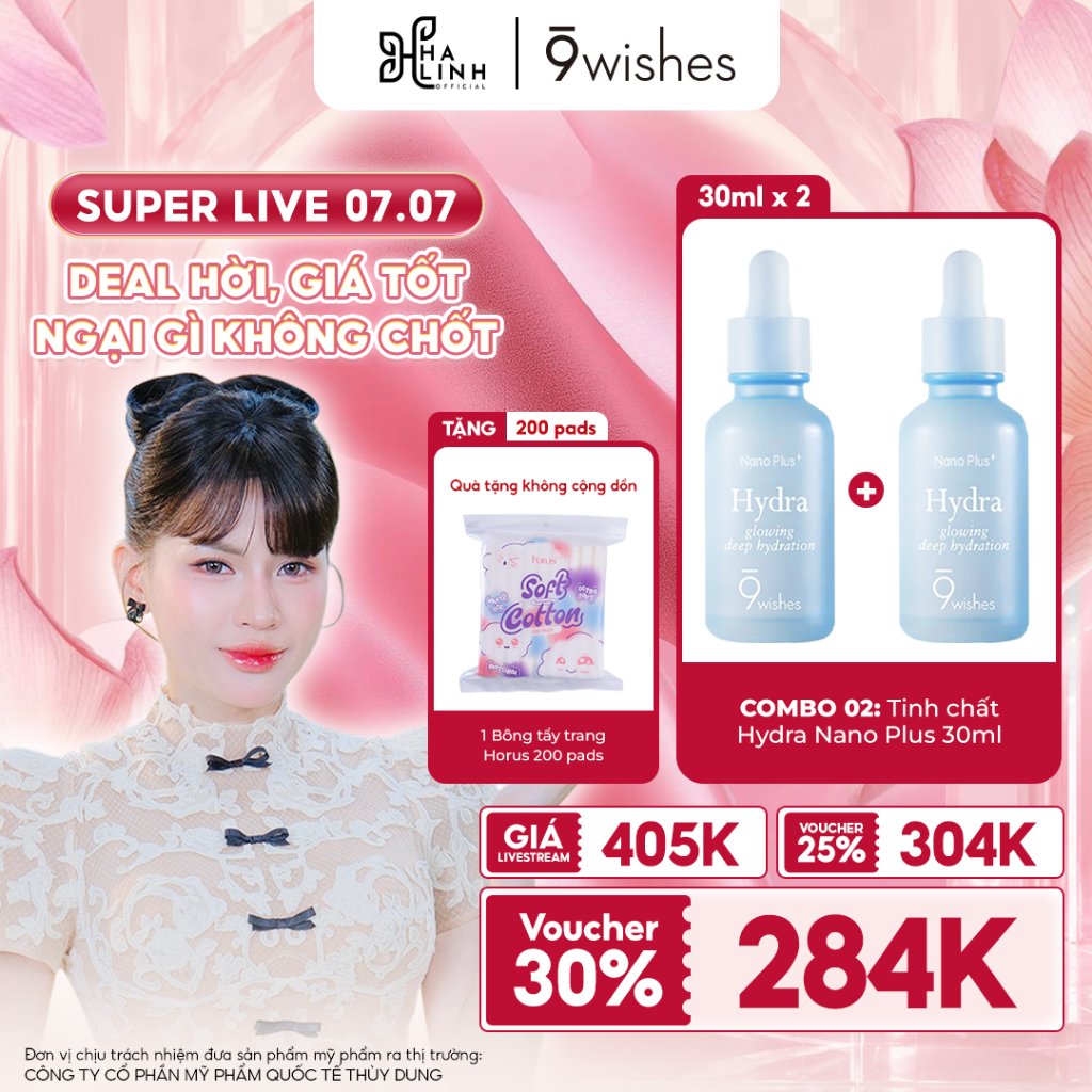 [VHL x 9 Wishes] COMBO 02 Serum 9Wishes dưỡng ẩm Hydra II/Nano Ampule 30ml + Quà 1 Bông tẩy trang 200 pads