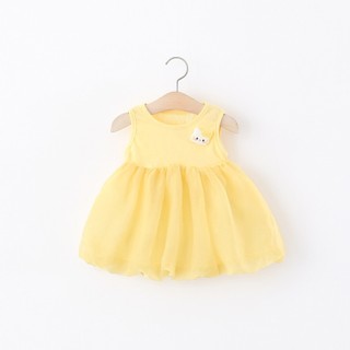 Váy thun cotton bé gái dự tiệc màu vàng thêu mèo dễ thương váy dáng bí phồng D1358