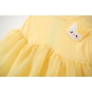 Váy thun cotton bé gái dự tiệc màu vàng thêu mèo dễ thương váy dáng bí phồng D1358