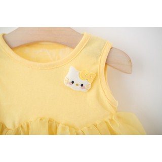Váy thun cotton bé gái dự tiệc màu vàng thêu mèo dễ thương váy dáng bí phồng D1358