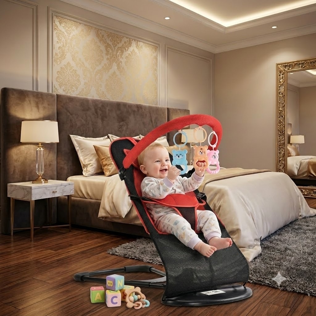 Ghế rung nhún dành cho bé, chịu tải 15kg, ghế kèm đồ chơi cho bé, chất liệu lưới thoáng mát