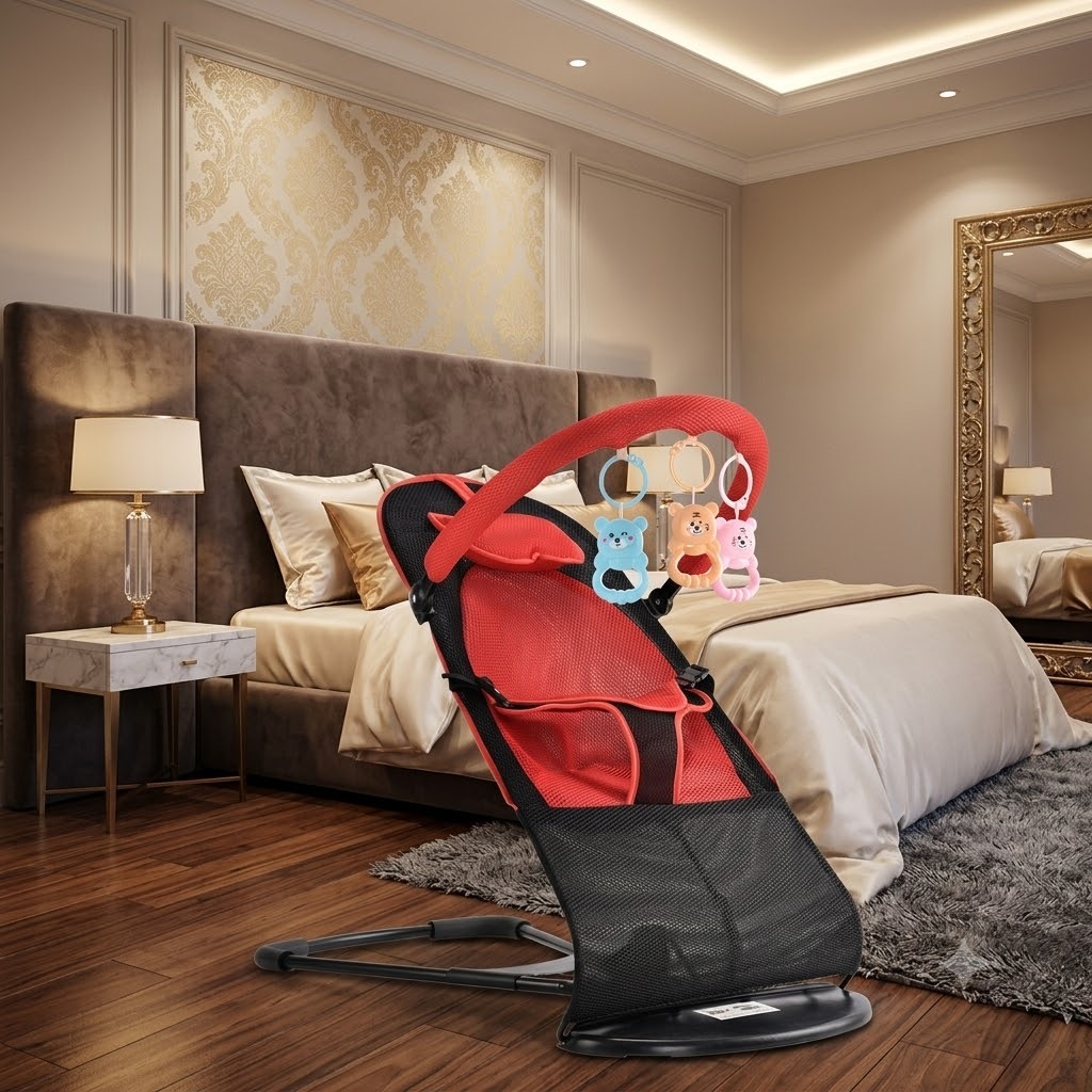 Ghế rung nhún dành cho bé, chịu tải 15kg, ghế kèm đồ chơi cho bé, chất liệu lưới thoáng mát