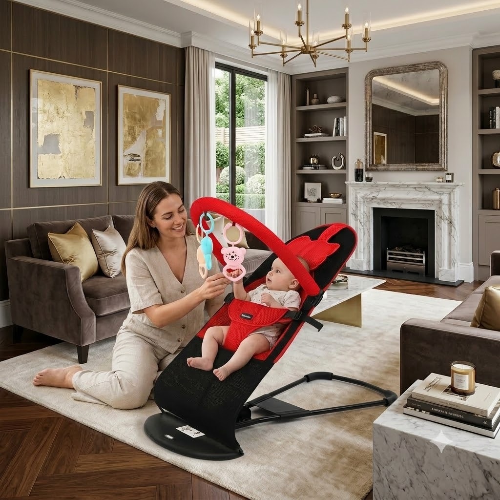 Ghế rung nhún dành cho bé, chịu tải 15kg, ghế kèm đồ chơi cho bé, chất liệu lưới thoáng mát