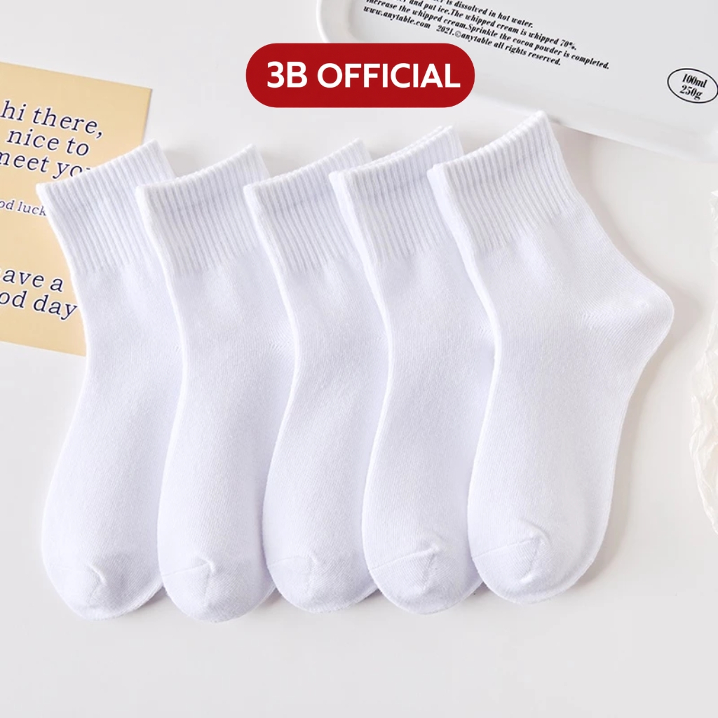 [ Mua 5 tặng 1] Set 5 Đôi Tất Thể Thao Cổ Cao Trắng Nam Nữ 3B Cotton Pha Dày Dặn, Hút Mồ Hôi