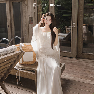 Đầm dài maxi tằm ướt kem nhạt trễ vai phong cách nữ tính bay bổng KD688