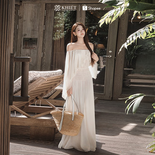 Đầm dài maxi tằm ướt kem nhạt trễ vai phong cách nữ tính bay bổng KD688