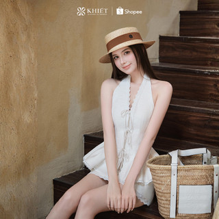 Set áo linen cotton cổ yếm viền ren phối chân váy ngắn phong cách nữ tính trẻ trung KS659