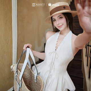 Set áo linen cotton cổ yếm viền ren phối chân váy ngắn phong cách nữ tính trẻ trung KS659