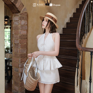 Set áo linen cotton cổ yếm viền ren phối chân váy ngắn phong cách nữ tính trẻ trung KS659