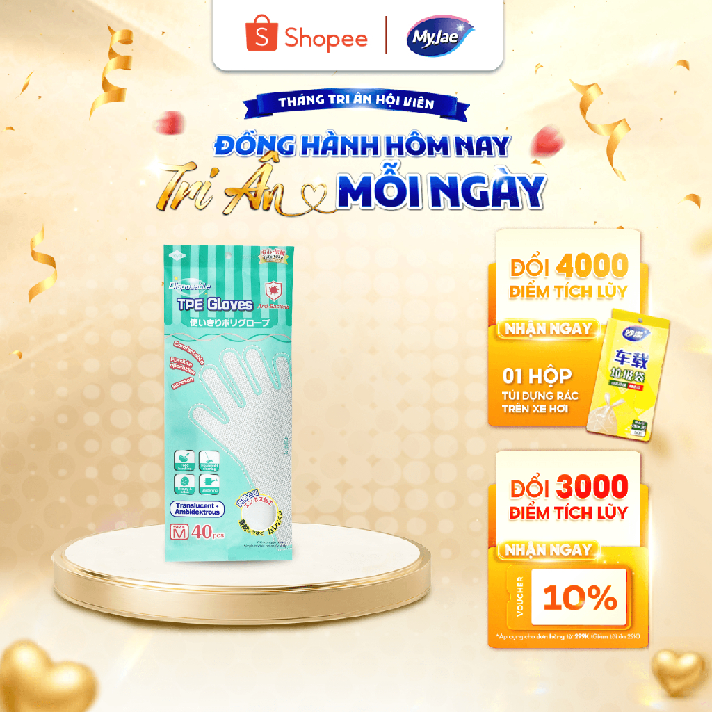 Găng tay kháng khuẩn TPE MyJae một lần dùng nấu ăn, rửa chén bát size M (40 cái/túi)