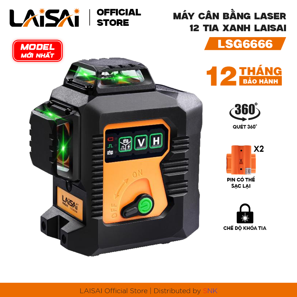 Máy Cân Bằng Laser 12 Tia Xanh LAISAI LSG6666 – Quét 3x360°, 2 pin 2000mAh, bảo hành 12 tháng