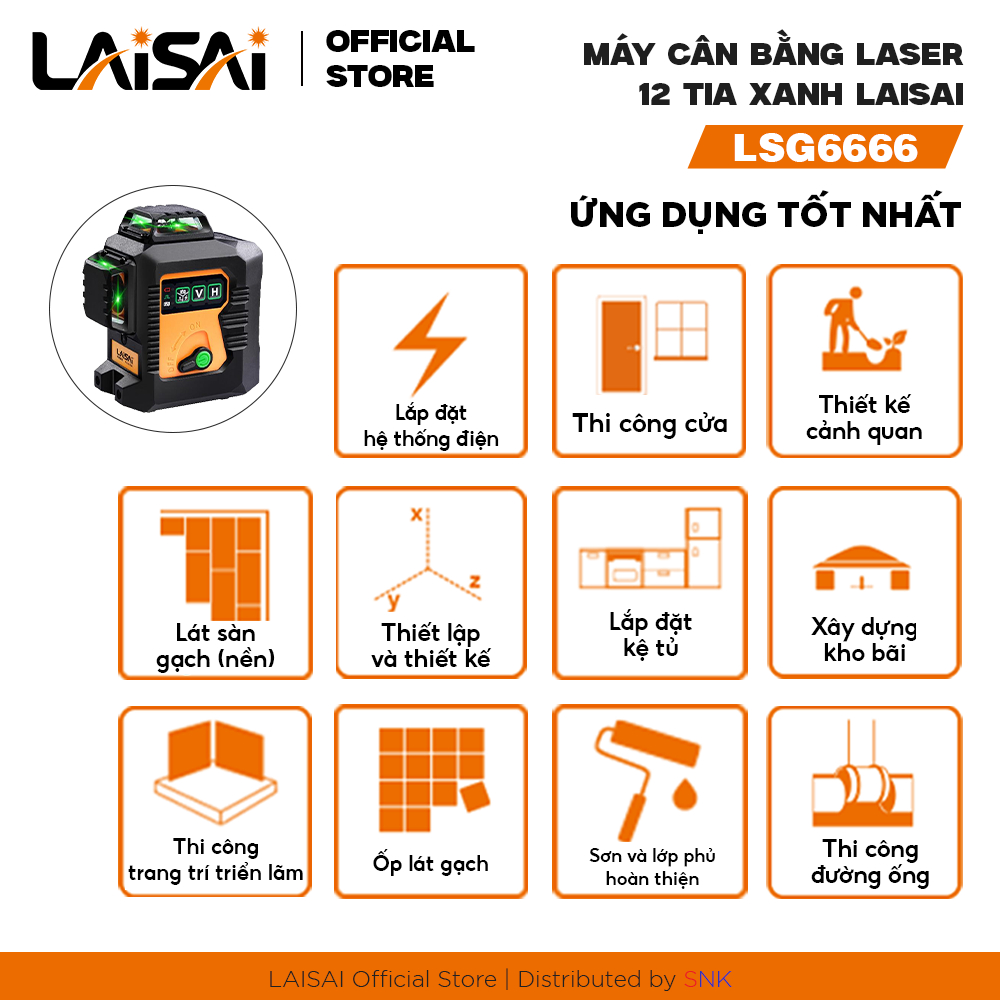 Máy Cân Bằng Laser 12 Tia Xanh LAISAI LSG6666 – Quét 3x360°, 2 pin 2000mAh, bảo hành 12 tháng