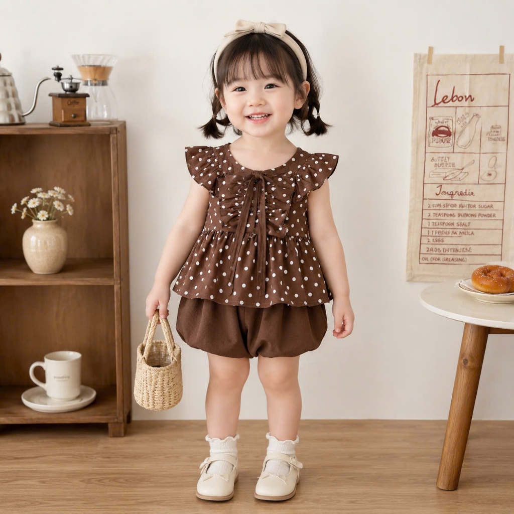 Quần áo bé gái 7 tuổi, đồ bộ bé gái, set bộ áo chấm bi phối nơ mix chân váy phồng đi học, đi chơi 10-30kg Hami Kids
