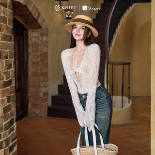 Jump ngắn ren thun kem Khiết Style tay dài cổ V phối nơ phong cách hiện đại quyến rũ Khiết KJ648