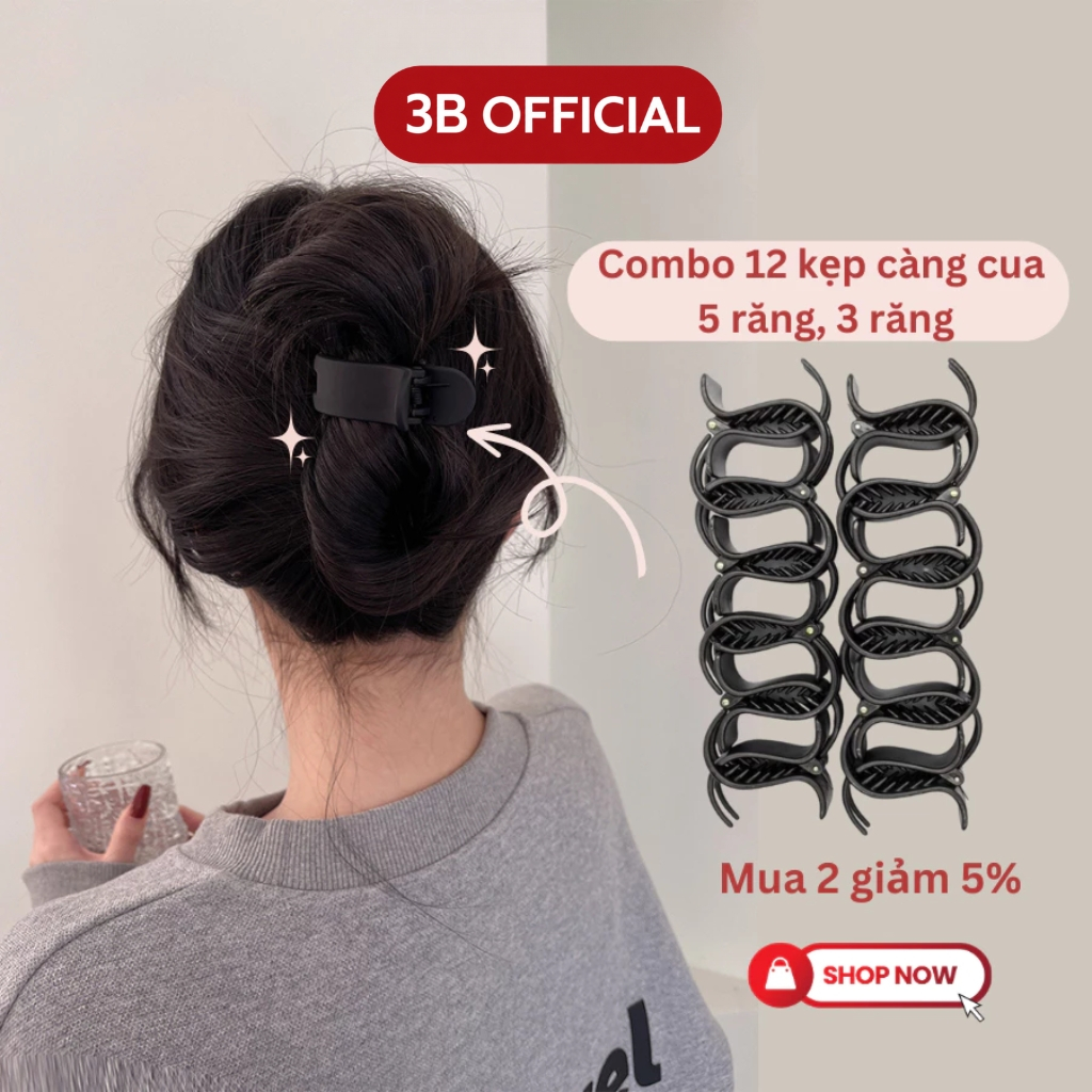 [Set 10-12 chiếc] Kẹp tóc càng cua 5 răng 3 răng màu đen nhám không gãy Yuuki MS1050