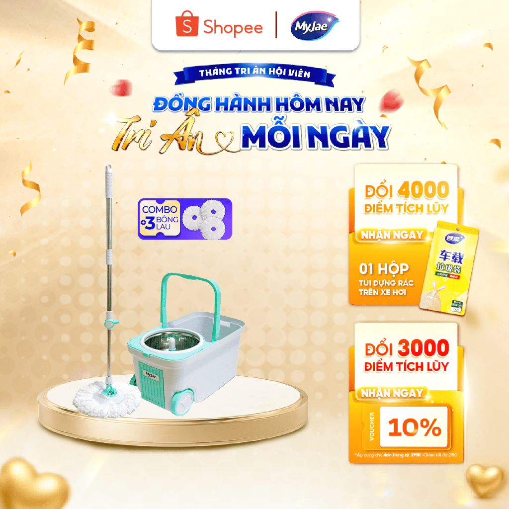 Combo 3 Bông Lau + 1 Bộ Lau Nhà MyJae Đài Loan Sợi Microfiber Xoay Siêu Tốc 360 Độ Thông Minh 129.5cm