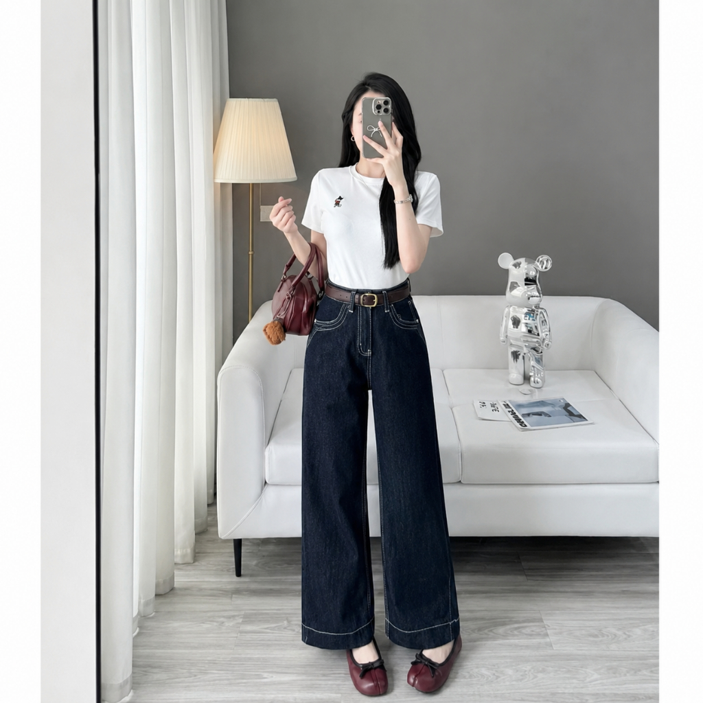 Quần Ống Suông Rộng Jeans Nữ Túi Kiểu Bigsize 55-90kg Hàng QC, Quần Dài Màu Xanh Than MS377
