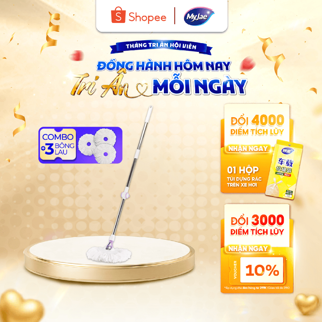 Combo 3 Bông Lau+1 Cây Lau Nhà Đơn MyJae Sợi Microfiber Xoay 360 Độ Phù Hợp Nhiều Loại Thùng Lau