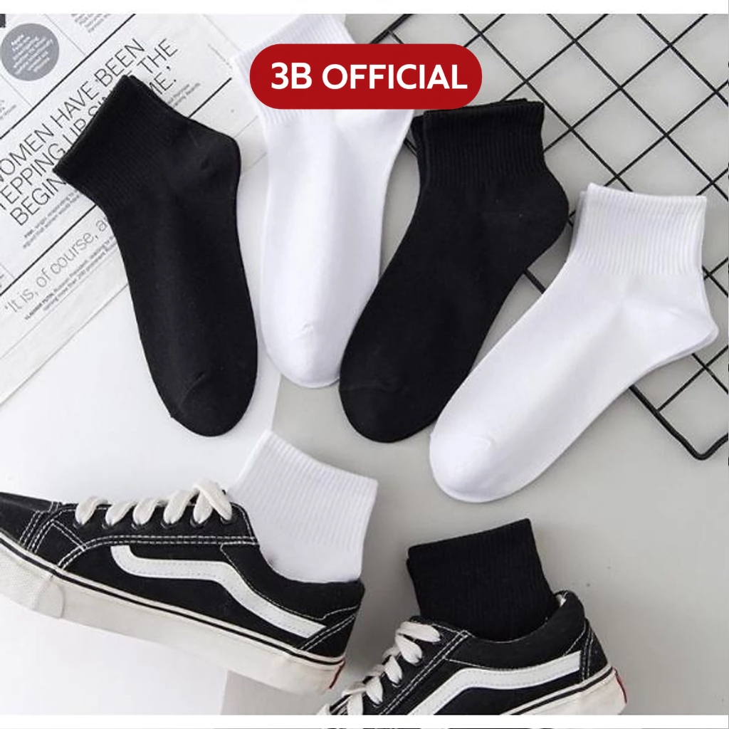 Vớ cổ ngắn thể thao nam nữ 3B trắng đen chất cotton thoáng khí, mềm mại MS1024