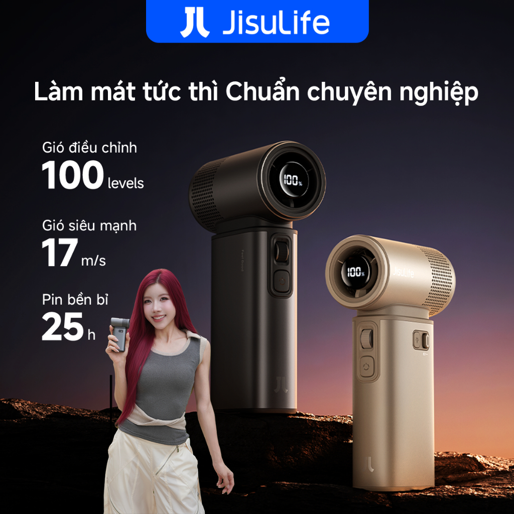 Quạt cầm tay JisuLife Ultra2 đa năng, pin 9000mAh bền, 100 cấp gió mạnh, đèn pin, sạc dự phòng, cắm trại ngoài trời