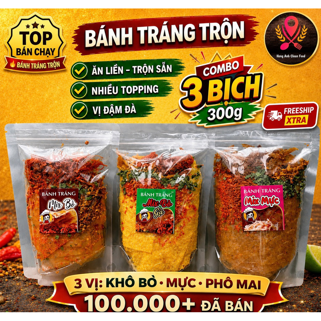 Bánh Tráng Trộn Sẵn Long An Combo 3 Bịch 300g – Mix Vị Khô Bò, Khô Mực, Phô Mai – Cay Ngon