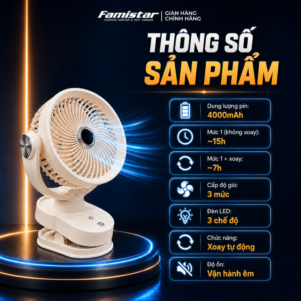 [BH 1 NĂM - CHỐNG ỒN] Quạt Tích Điện, quạt để bàn, quạt tích điện Mini, Xoay Tự Động, Đế Kẹp Bàn Xoay+Đèn+4 Cấp Độ Gió