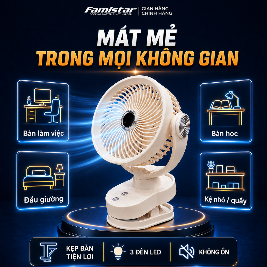 [BH 1 NĂM - CHỐNG ỒN] Quạt Tích Điện, quạt để bàn, quạt tích điện Mini, Xoay Tự Động, Đế Kẹp Bàn Xoay+Đèn+4 Cấp Độ Gió