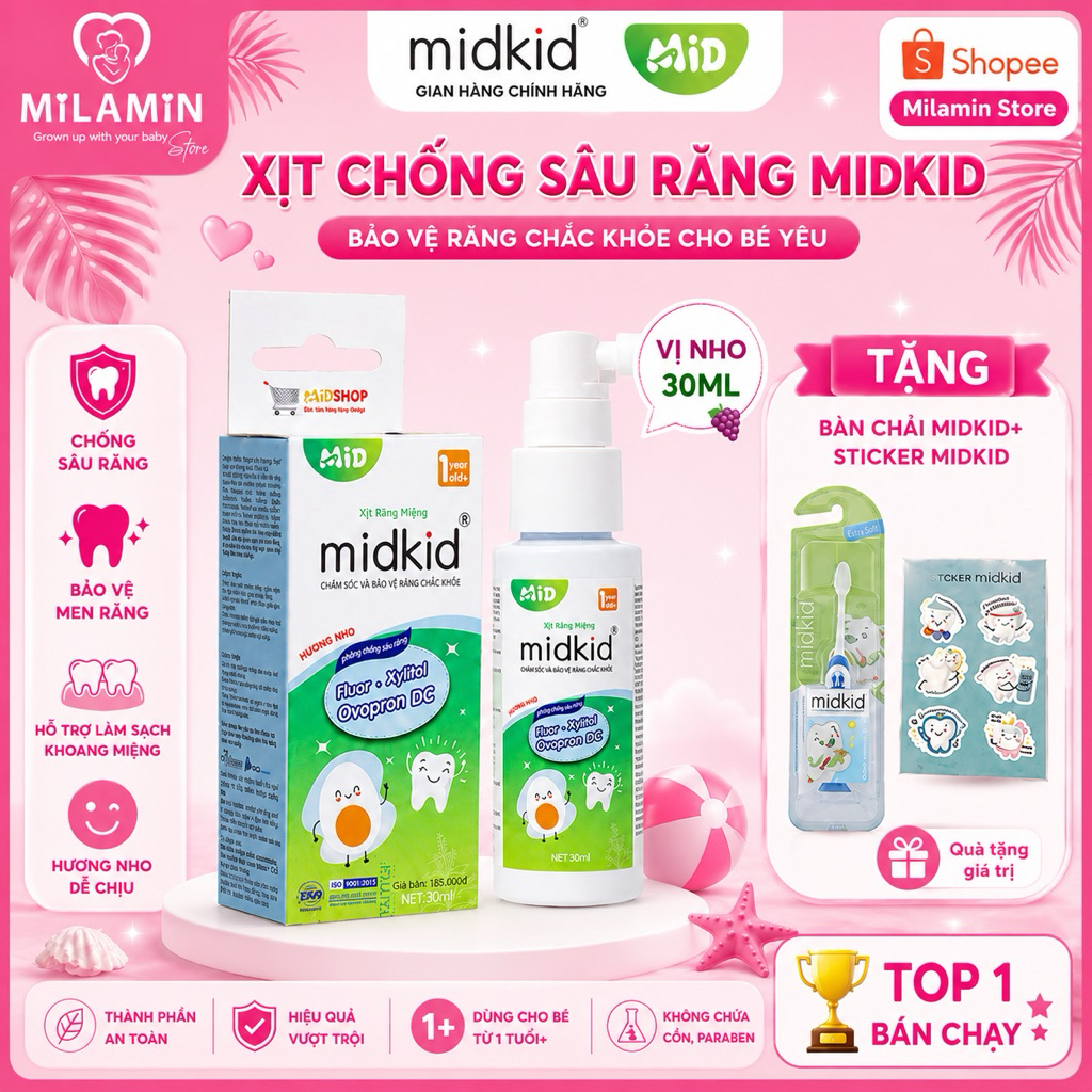 Xịt chống sâu răng Midkid cho bé từ 1 tuổi nuốt an toàn vị Nho 30ml giúp làm sạch thơm miệng loại bỏ mảng bám đen ố vàng