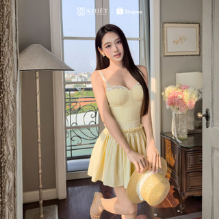 Đầm ngắn xòe linen Khiết Style tone vàng bơ Khiết style 2 dây ngực phối ren phong cách tiểu thư nữ tính KD664