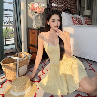 Đầm ngắn xòe linen Khiết Style tone vàng bơ Khiết style 2 dây ngực phối ren phong cách tiểu thư nữ tính KD664
