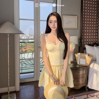 Đầm ngắn xòe linen Khiết Style tone vàng bơ Khiết style 2 dây ngực phối ren phong cách tiểu thư nữ tính KD664