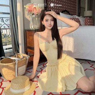 Đầm ngắn xòe linen Khiết Style tone vàng bơ Khiết style 2 dây ngực phối ren phong cách tiểu thư nữ tính KD664