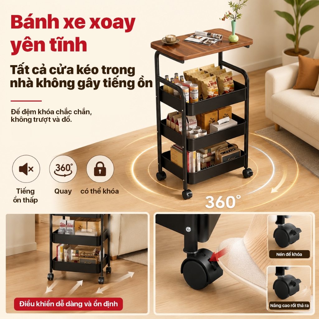 Kệ Để Đồ 3 tầng kệ để bên sofa kệ Để đồ Đa Năng Có Bánh Xe Xoay 360 Độ, sử dụng cho phòng khách và phòng ngủ | BigBuy360 - bigbuy360.vn