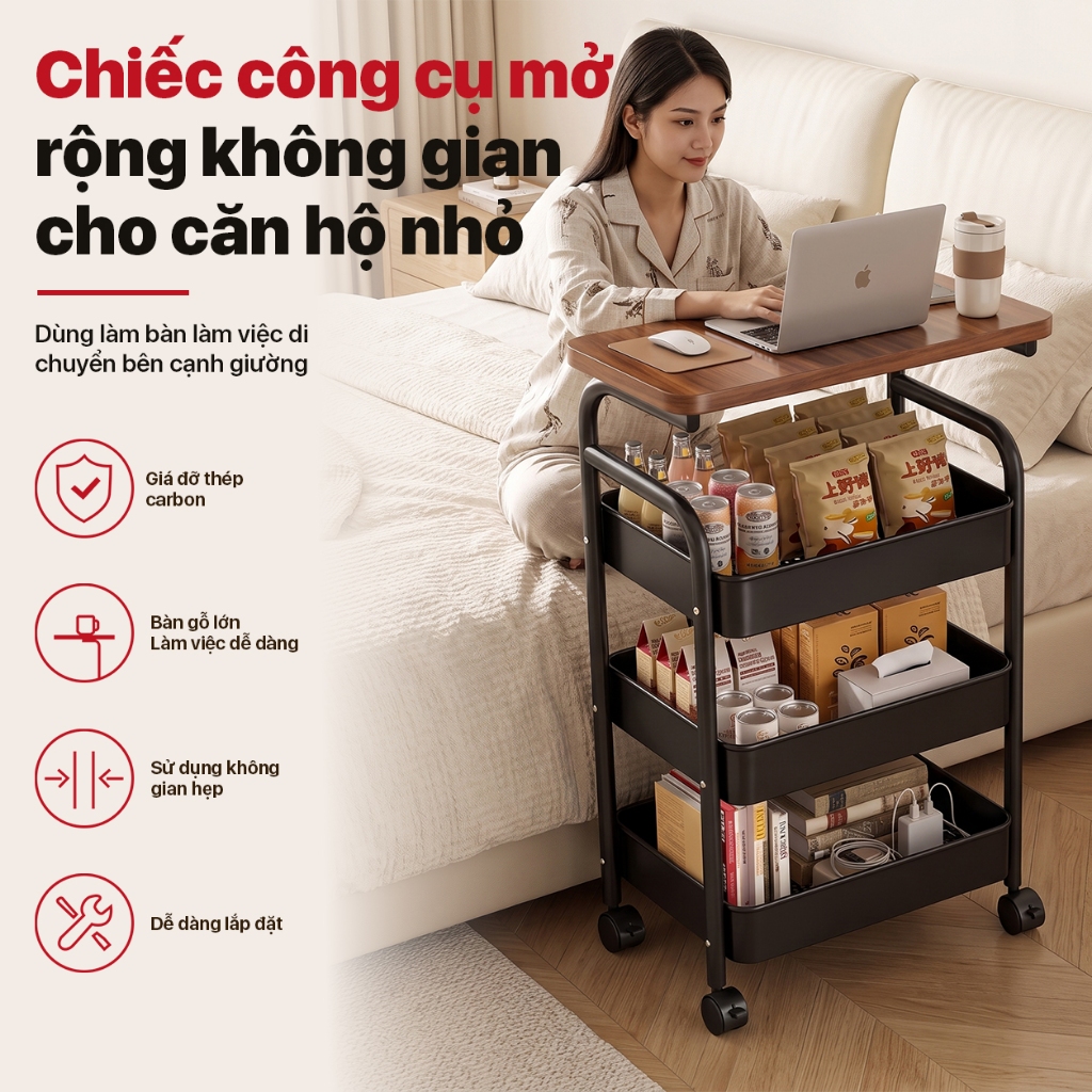 Kệ Để Đồ 3 tầng kệ để bên sofa kệ Để đồ Đa Năng Có Bánh Xe Xoay 360 Độ, sử dụng cho phòng khách và phòng ngủ | BigBuy360 - bigbuy360.vn