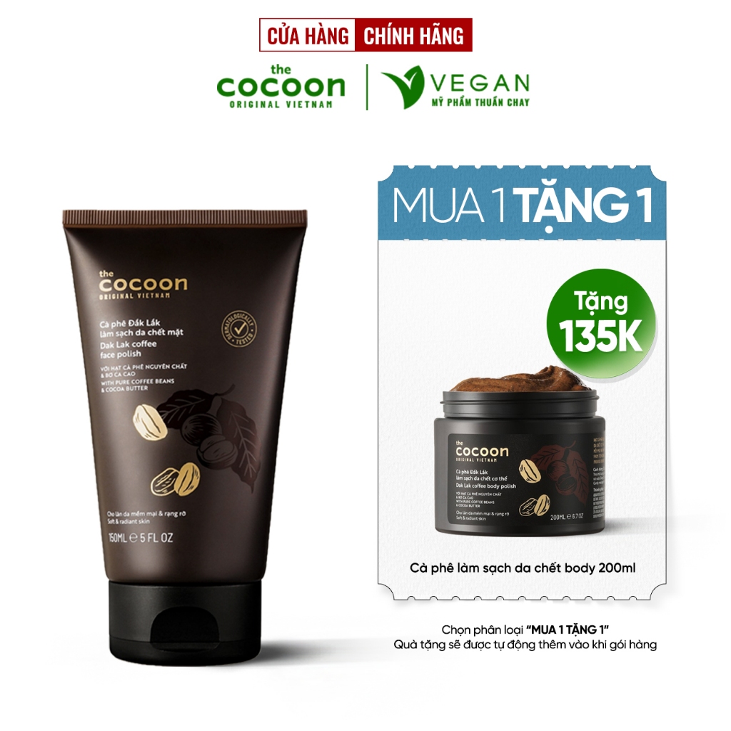Tẩy Tế Bào chết Cà phê Đắk Lắk làm sạch da chết mặt cocoon 150ml - VEGAN mỹ phẩm thuần chay