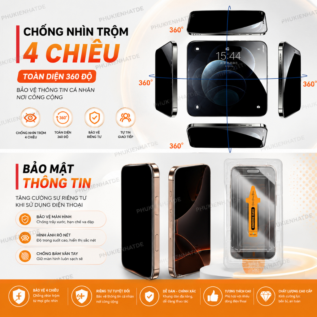 Kính Cường Lực KING KONG Chống Nhìn Trộm 4 Chiều 360 Độ Có Khung Dán 11/12/13/14/15/16/17/Plus/Pro/Pro Max/X/Xs/XR/XsMax