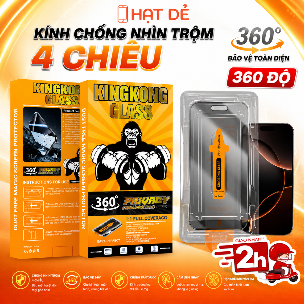 Kính Cường Lực KING KONG Chống Nhìn Trộm 4 Chiều 360 Độ Có Khung Dán 11/12/13/14/15/16/17/Plus/Pro/Pro Max/X/Xs/XR/XsMax