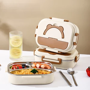Hộp Cơm Giữ Nhiệt Inox 304 Lunch Box Văn Phòng 2 Ngăn 3 Ngăn Tặng Bộ Thìa Đũa MUN STORE HCTGAU155